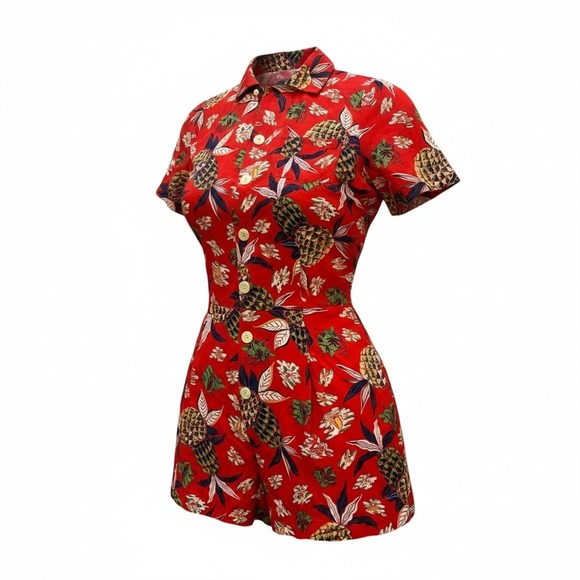 Polo Ralph Lauren Pants - Polo Ralph Lauren Women's Red Pineapple Floral Print Button Down Romper Size 4